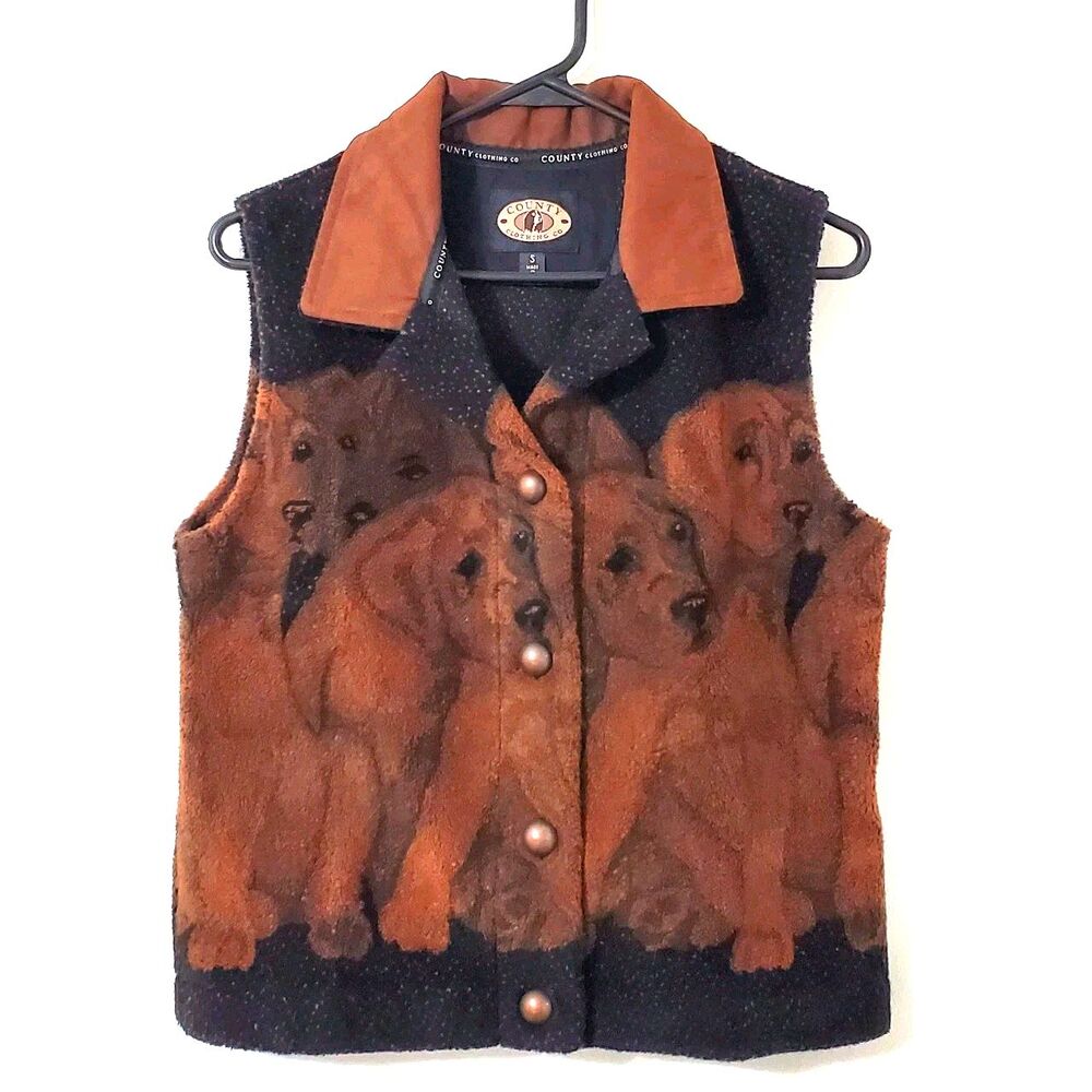 County Clothing Company Womens Sz Small Vest Brown & Tan Dogs Vintage 1998